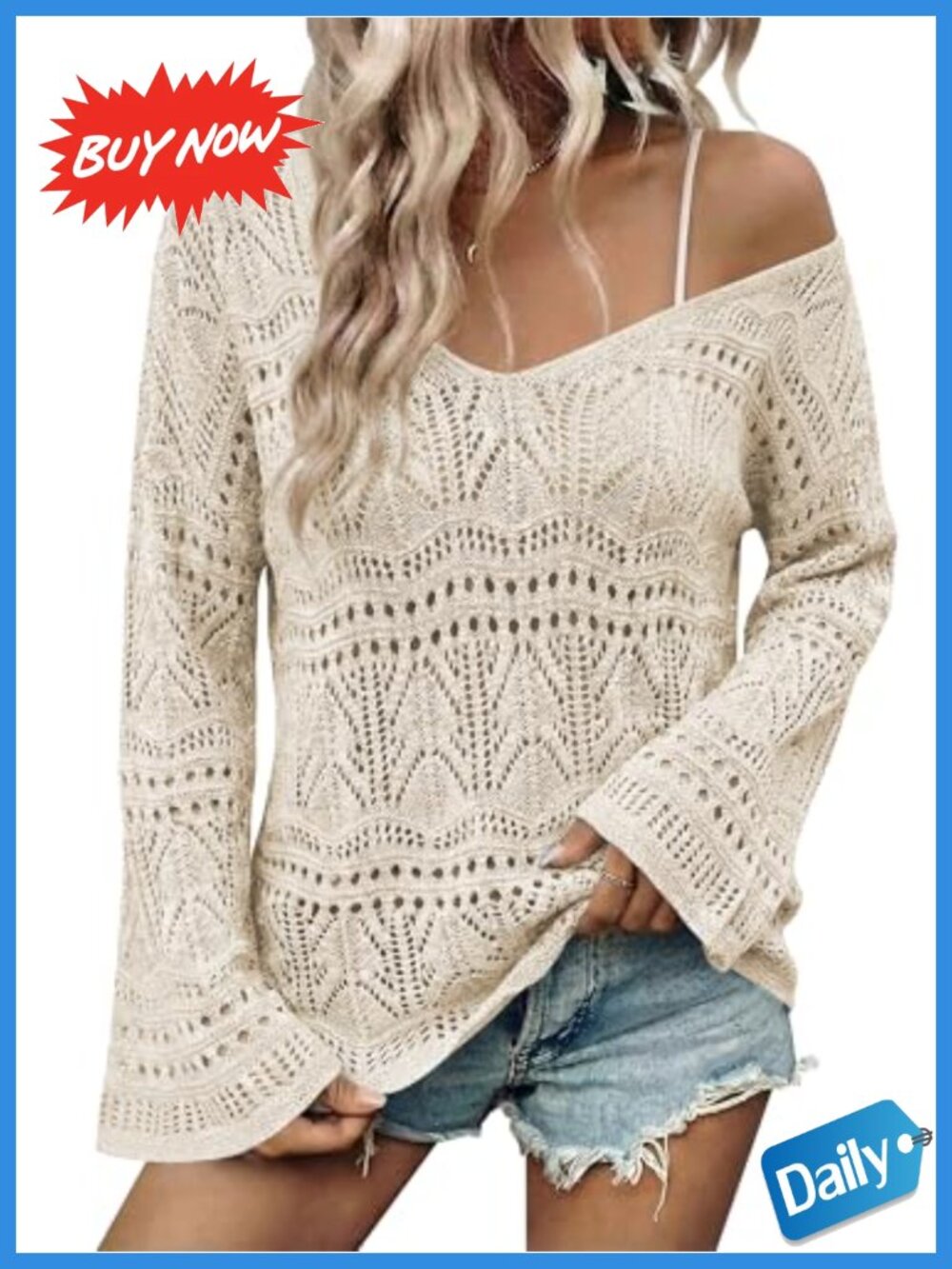 Boho Off Shoulder Crochet Knit Sweater Top Bell Sleeve
